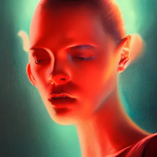 Prompt: 3 d, sci - fi, morning, sleepy fashion model face, sun, neon, cinematic, lightning clouds, vogue cover style, poster art, light red and deep blue mood, realistic painting, intricate oil painting, high detail, figurative art, multiple exposure, poster art, 3 d, by tooth wu and wlop and beeple and greg rutkowski