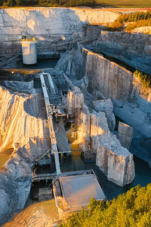 Prompt: a waterfilled limestone quarry, beautiful golden hour light, cinematic, oland in sweden, south of sweden