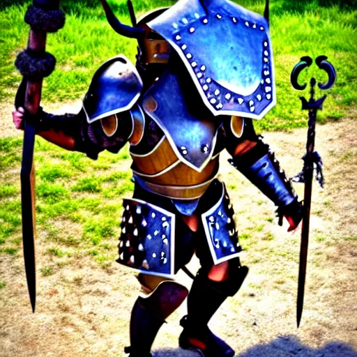 Image similar to a minotaur wearing plate armor and holding a mace