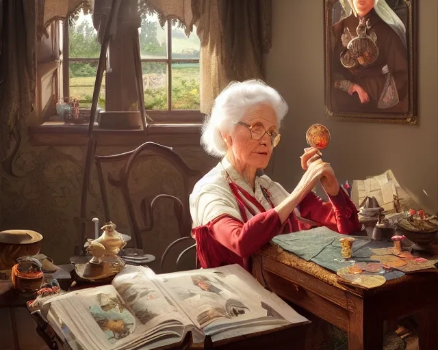 Image similar to photography of grandma moses, deep focus, d & d, fantasy, intricate, elegant, highly detailed, digital painting, artstation, concept art, matte, sharp focus, illustration, hearthstone, art by artgerm and greg rutkowski and alphonse mucha