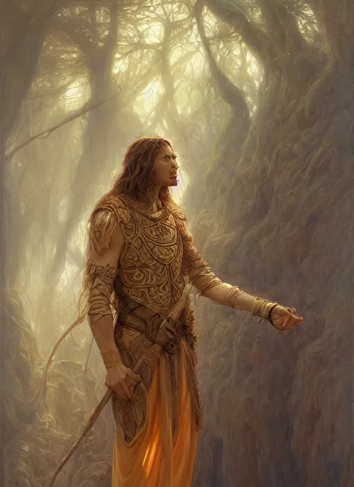 Prompt: A male druid, by Jean Delville and Sophie Anderson and Mandy Jurgens, golden ratio, perfect composition, elegant, no crop, extremely detailed, hd, masterpiece, artstation