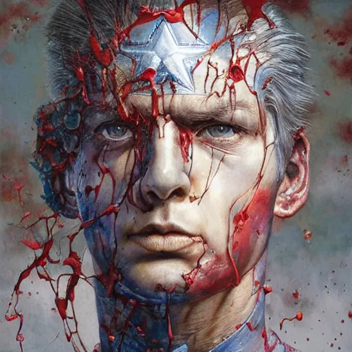 Prompt: detailed masterpiece head and shoulders portrait of struggling Captain America by Ayami Kojima, Amano, Karol Bak, Gottfried Helnwein, and Mark Brooks, rich deep colors. agony. Beksinski painting, part by Adrian Ghenie and Gerhard Richter. art by Takato Yamamoto. medium shot. masterpiece . intricate artwork by Tooth Wu and wlop and greg manchess, greg rutkowski, very coherent artwork, cinematic, hyper realism, high detail, octane render, unreal engine, 8k, Vibrant colors, Smooth gradients, High contrast. by Katsuhiro Otomo, inspired by anime, movie grain, intricate detail, extremely detailed. painting by Arthur Rackham, Eugene de Blaas, Frederic Leighton