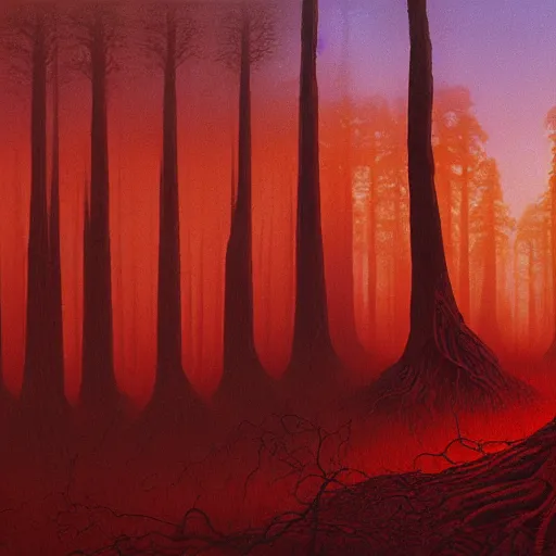 Image similar to landscape painting of redwood forest overrun with red alien vines and cancerous tumor pufball mushrooms with an ominous red sunset, by Beksinski and Ansel Adams and Greg Rutkowski and Moebius