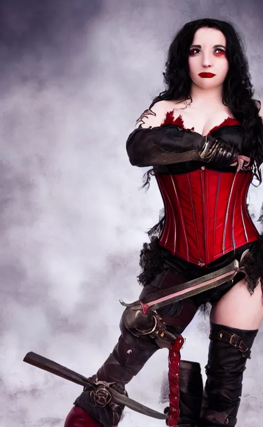 Image similar to epic fantasy portrait of a female halfling, black hair, red leather corset, cinematic, beautiful lighting, heroic