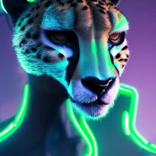 Prompt: a beautiful commission of a male anthropomorphic cheetah wearing a neon jacket,futuristic,detailed face,character design by charles bowater,mohawk,cyberpunk style,deviantart,artstation,art by greg rutkowski,ross tran,professional lighting,neon city,night,raytracing,rtx,highly realistic,4k