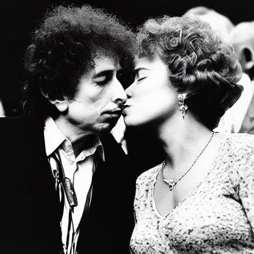 Prompt: bob dylan kissing queen elizabeth, photograph, high detail