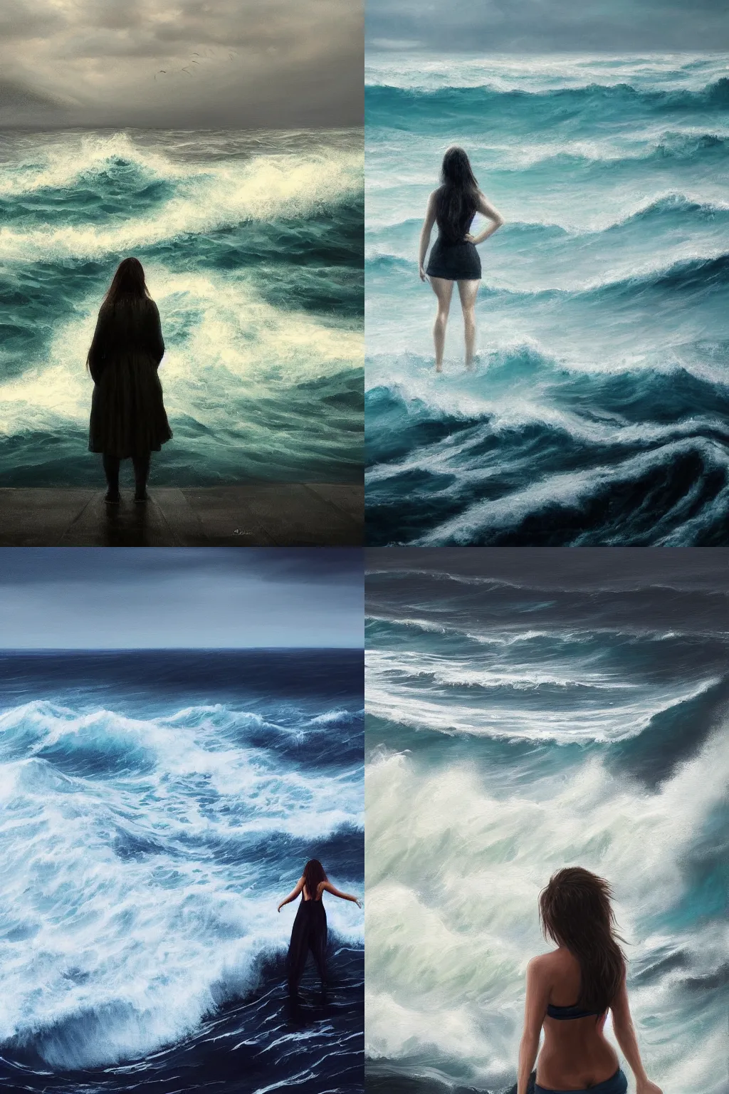 Prompt: stunning painting of a woman standing in the middle of the ocean and waves crashing around her, bad weather, overcast day, dark, cold color palette, dramatic, 4k, very detailed, high quality