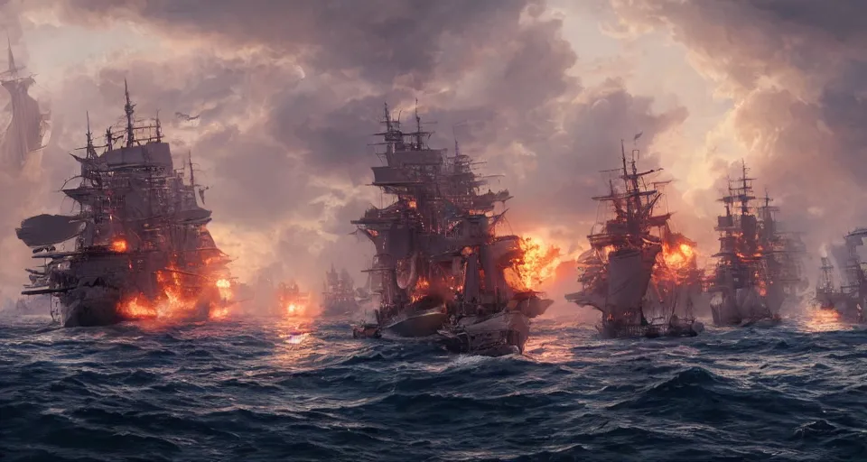 Prompt: Epic naval battle, hyperdetailed, artstation, cgsociety, golden hour 8k