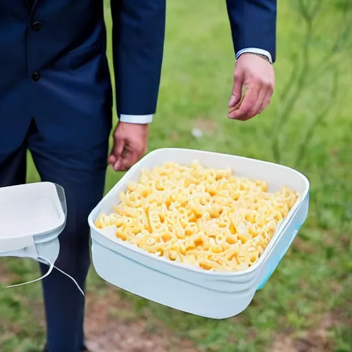 Image similar to a man brings a tupperware of macaroni to a wedding