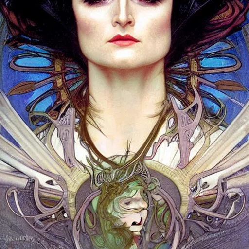 Prompt: realistic detailed face portrait of Siouxsie Sioux by Alphonse Mucha, Ayami Kojima, Amano, Charlie Bowater, Karol Bak, Greg Hildebrandt, Jean Delville, and Mark Brooks, Art Nouveau, Neo-Gothic, gothic, rich deep moody colors