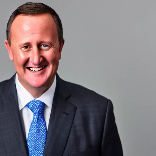 Prompt: a beautiful studio photo portrait of john key, happy and smiling