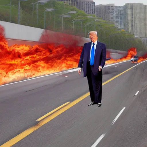 Image similar to professional photograph of donald!! trump!! on the highway firebending cars, dramatization