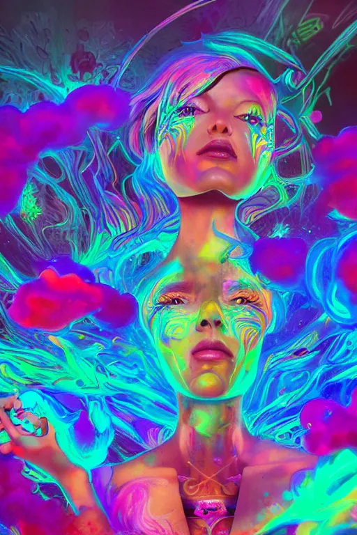 Image similar to a beautiful girl engulfed in colorful liquid clouds and neon smoke, colorful psychedelic experience, psilocybin, dmt, lsd, face, highly detailed, concept art, sharp focus, digital art by hana yata, and artem demura and beeple, lisa frank, cyberpunk, octane render, unreal engine, 8 k