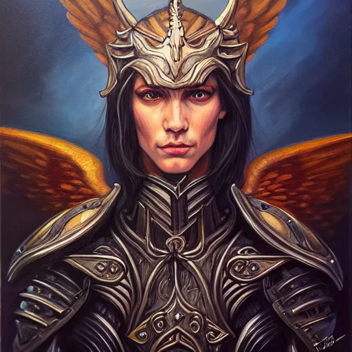 Prompt: portrait painting of a fallen angel paladin, sharp focus, high symmetry, award - winning, trending on artstation, masterpiece, highly detailed, intricate. art by terese nielsen