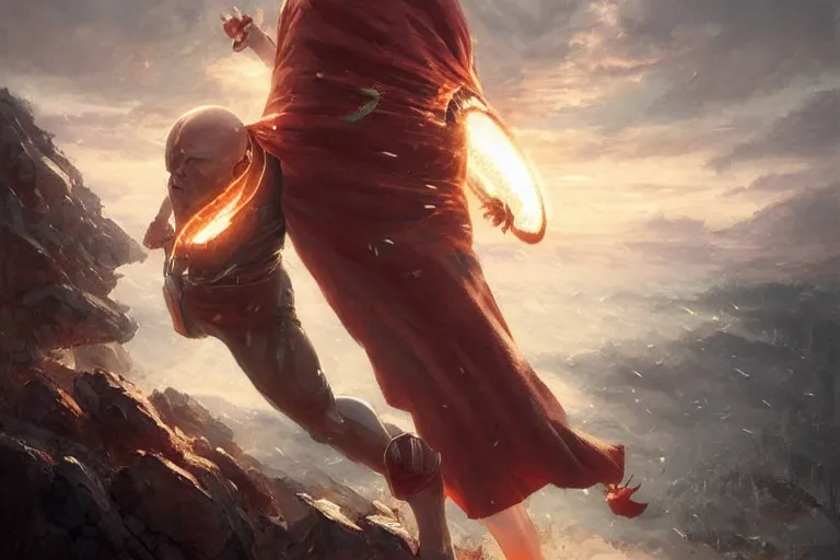 Prompt: saitama fighting the homelander, epic scene, Highly detailed painting, cinematic landscape, realistic, a fantasy digital painting by Greg Rutkowski and James Gurney