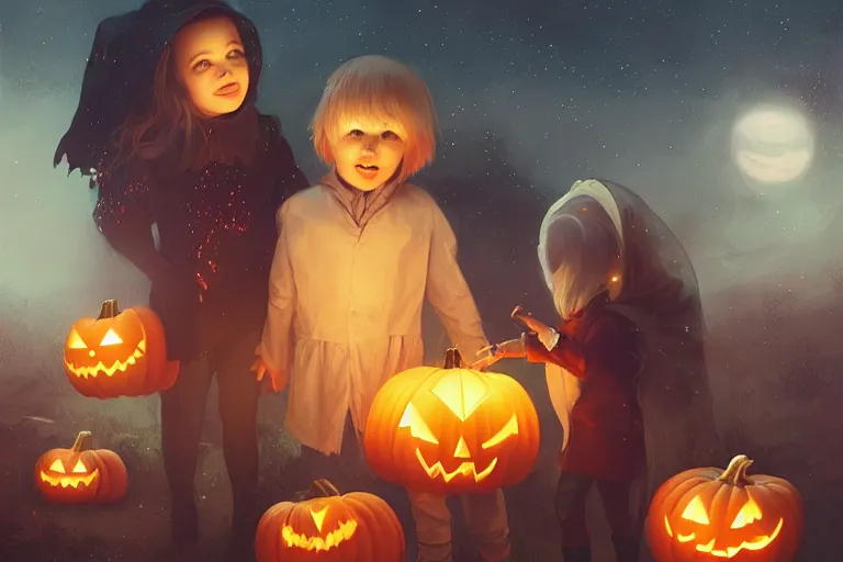 Image similar to portrait of halloween trick or treaters, star filled night sky neightborhood with pumpkins background, charlie bowater, artgerm, ilya kuvshinov, krenz cushart, ruan jia, realism, ultra detailed, 8 k resolution