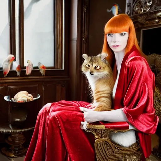 Image similar to a stunning hyper-detailed photo of a slender beautiful woman with straight long ginger hair and bangs, wearing a luxurious silk robe, wearing headphones and posing with her large ginger tabby cat and raccoon and parrots in a red overstuffed easy chair in her Victorian living room, holding a porcelain parrot-shaped coffee mug and a donut, perfect eyes, fashion photography, dramatic cinematic lighting, octane render, IBEX Masters, unreal engine, 85 mm lens, paisley wallpaper