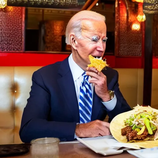 Image similar to joe biden wearing a sombrero eats tacos at mexican restaurant