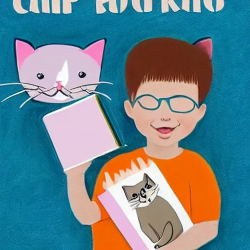 Prompt: a blondish toddler proudly holding a book with a cat on the cover