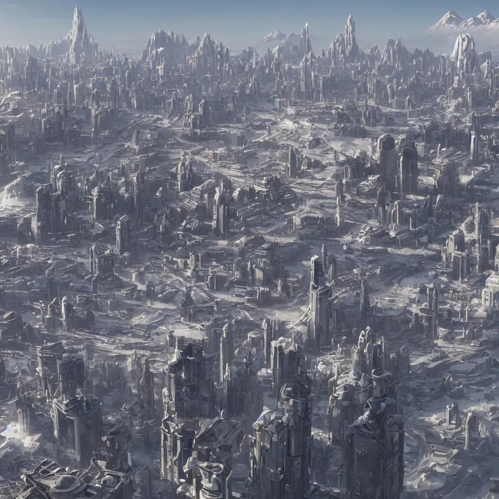 Prompt: A coastal city near some snow-capped mountains, sci-fi, 8k photorealistic, coruscant from star wars