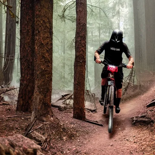 Image similar to darth vader ist riding a mountainbike fast through a burning forrest