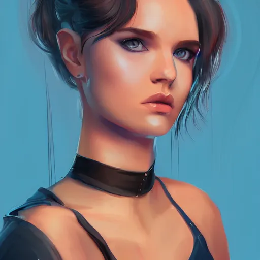 Image similar to a girl wearing a crop top, dark hair, blue eyes, highly detailed, digital painting, artstation, concept art, smooth, sharp focus, illustration