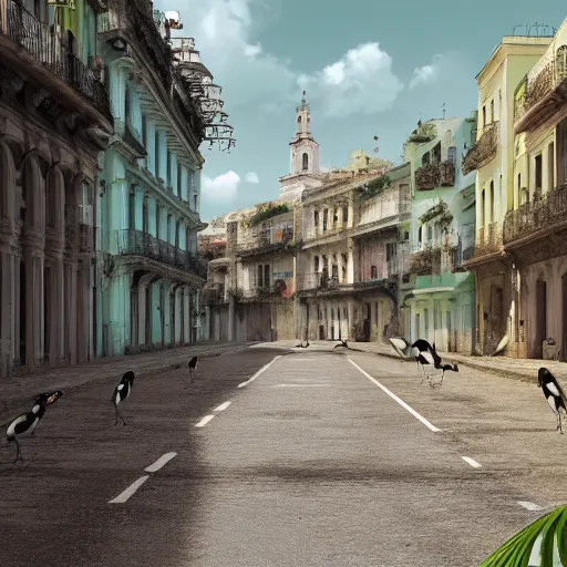 Image similar to spoonbills, toucans, and hornbills in old havana by cecilio aviles, wide angle realistic 3 d, hyperrealistic, super detailed, octane render, 8 k, depth of field, glossy surface, liquid texture, behance, cgsociety, cinematic lighting