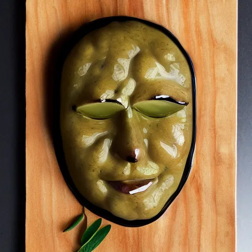 Prompt: marinated olive with a human face. highly detailed. hyper real photo. 4 k.