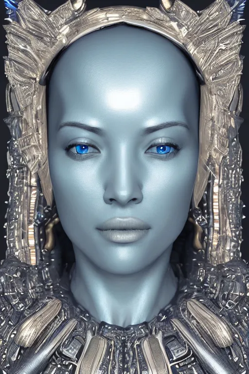 Prompt: symmetric hyper realistic elegant alien portrait, blue metallic skin, jewelry intricate details, unreal engine5, octane