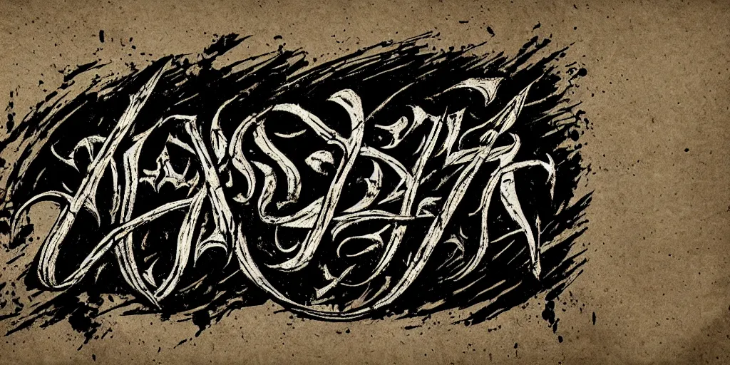 Image similar to masterpiece, black death metal logo calligraphy by thomas bokler, behance, white letters on black background