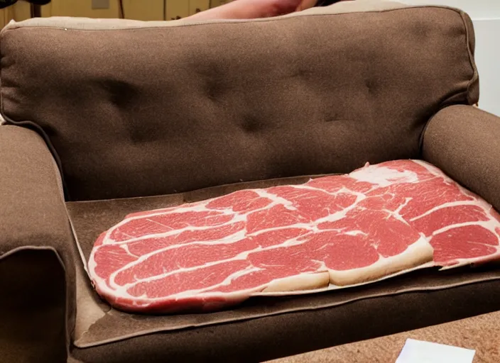 Image similar to Photograph of a meat couch, couch made of meat