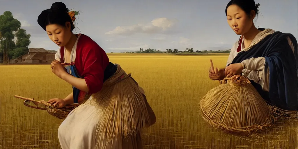 Prompt: beautiful oil matte portrait painting, vietnamese woman of a rice field tending to her work, wonderful masterpiece highly detailed, beautiful cinematic light deep focus, elegant, digital painting, smooth, sharp focus, golden ratio, dramatic illumination, ultra realistic, 8 k, art by artemisia lomi gentileschi and caravaggio