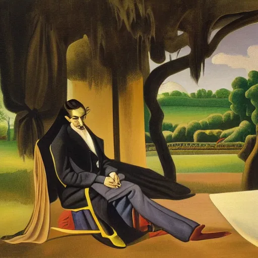 Image similar to thomas hart benton's 1 8 5 6 painting of dracula on the porch of a southern plantation, gazing out on his cotton fields