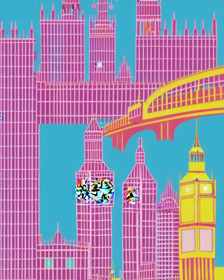Prompt: city of london, london bridge, big ben, bright colors, in the style of hiroshi nagai, very detailed