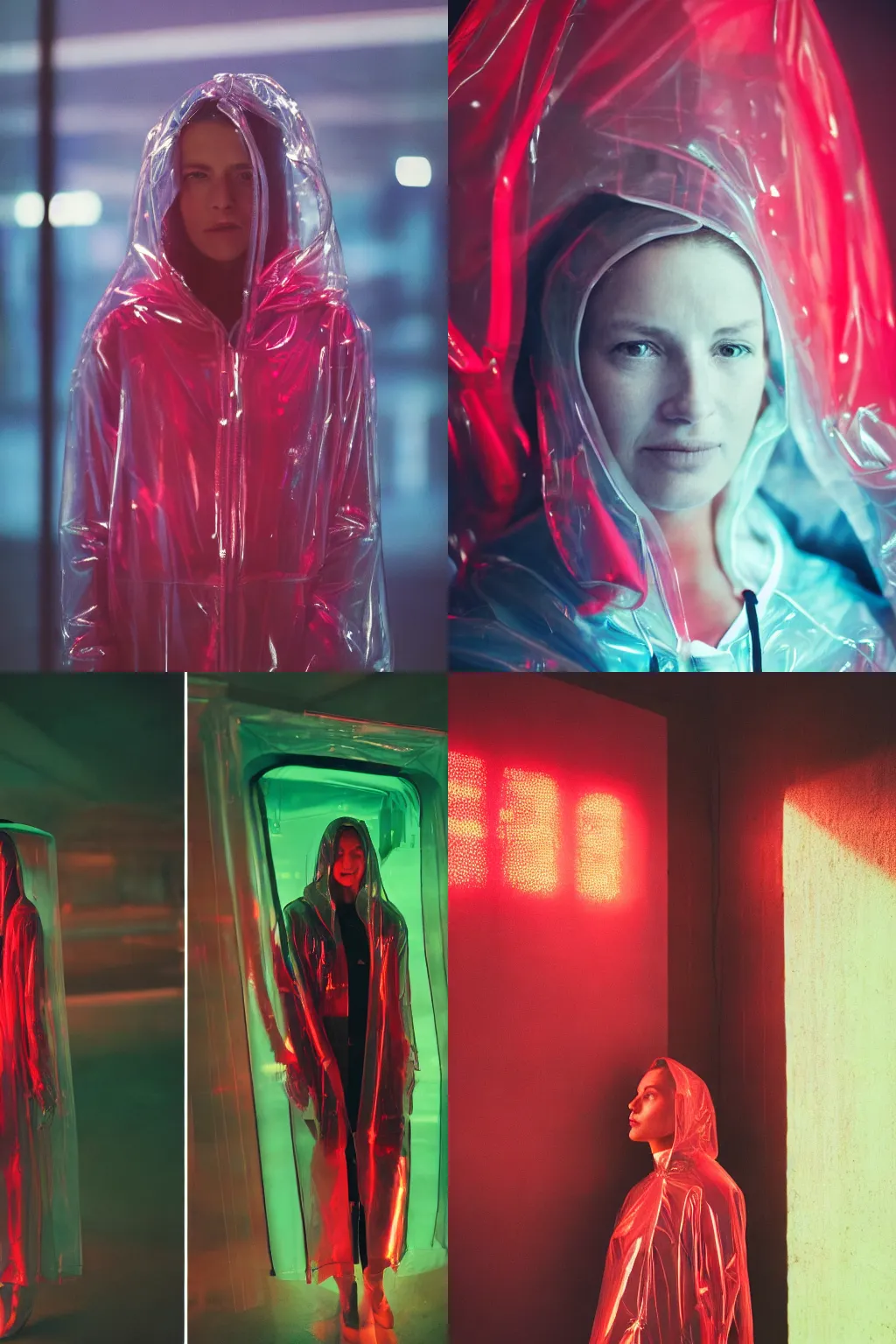 Image similar to A realistic and detailed portrait photography of a woman wearing a futuristic transparent raincoat with hoodie. by Annie Leibovitz. Neo noir style. Cinematic. Red neon lights and glow in the background. Cinestill 800T film. Lens flare. Helios 44m. Ultra detail. Photoreal. Depth of field.