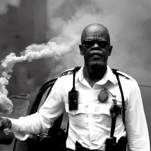 Image similar to samuel jackson getting arrested while exhaling a cloud of smoke, candid photography