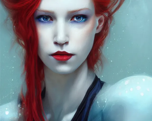 Image similar to A detailed matte oil on canvas head on symmetrical portrait of a distinguished elven woman with red and blue hair on an empty background, by Charlie bowater, Lise Deharme, Wlop, trending on artstationhd, dungeons and dragons art, parted hair , half blue, half red , split dye, critical role