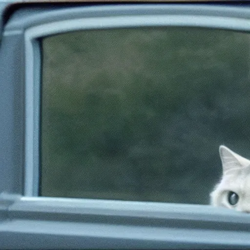 Prompt: photograph of a fluffy gray cat with yellow eyes looking out a car window, screenshot from commercial from 1989, cinestill, Sigma 24mm f/8, production still, insanely detailed and intricate, haunting, ghostly, foreboding, by Makoto Shinkai and Mohiro Kitoh