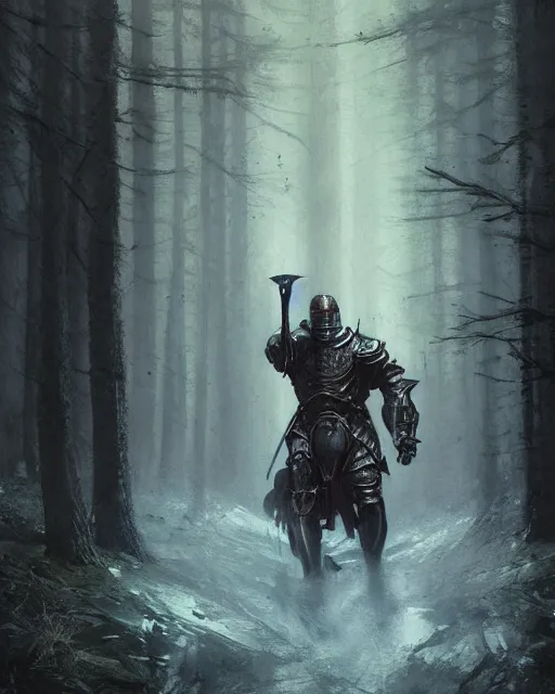 Image similar to Hyper realistic painting of a knight in rusty full plate armor wielding a greatsword, hyper detailed, surrounded by a dark forest, fog, moody, cinematic lighting, dim blue lighting, by greg rutkowski, trending on artstation