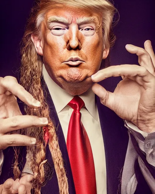 Image similar to donald trump with hippie hair, hippie clothes, smoking cannabis, photorealistic photographed in the style of annie leibovitz, studio lighting