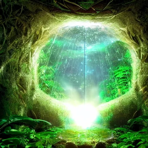 Prompt: stargate portal full of water bursting to another dimension inside a beautiful tree in a densely overgrown jungle, fantasy, dreamlike sunrise volumetric lighting, ultra realistic, atmospheric, stopped in time, epic