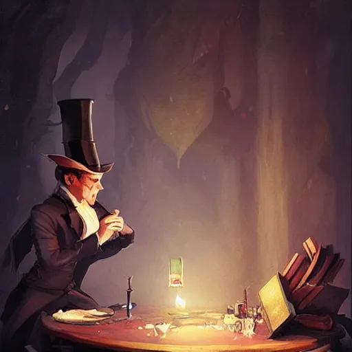 Prompt: magic elf magician wearing top hat performing a card trick, fantasy game art by greg rutkowski, fantasy rpg, league of legends