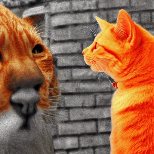 Image similar to an orange cat grinning widely at a white dog. photograph. digital art.