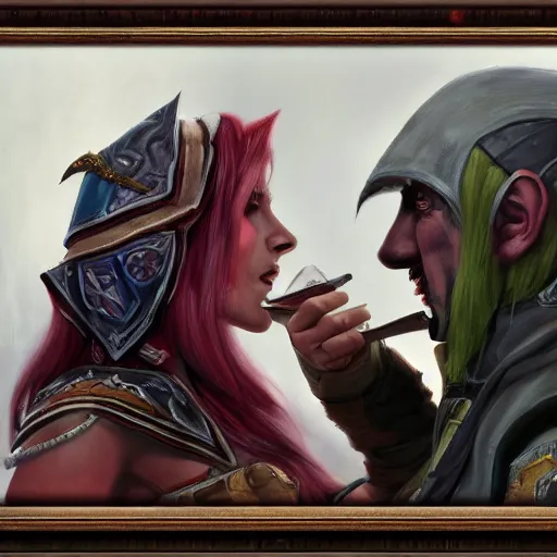 Image similar to Portrait of Sylvanas Windrunner and Adolf Hitler kissing, cinematic shot, trending on artstationhq, oil on canvas