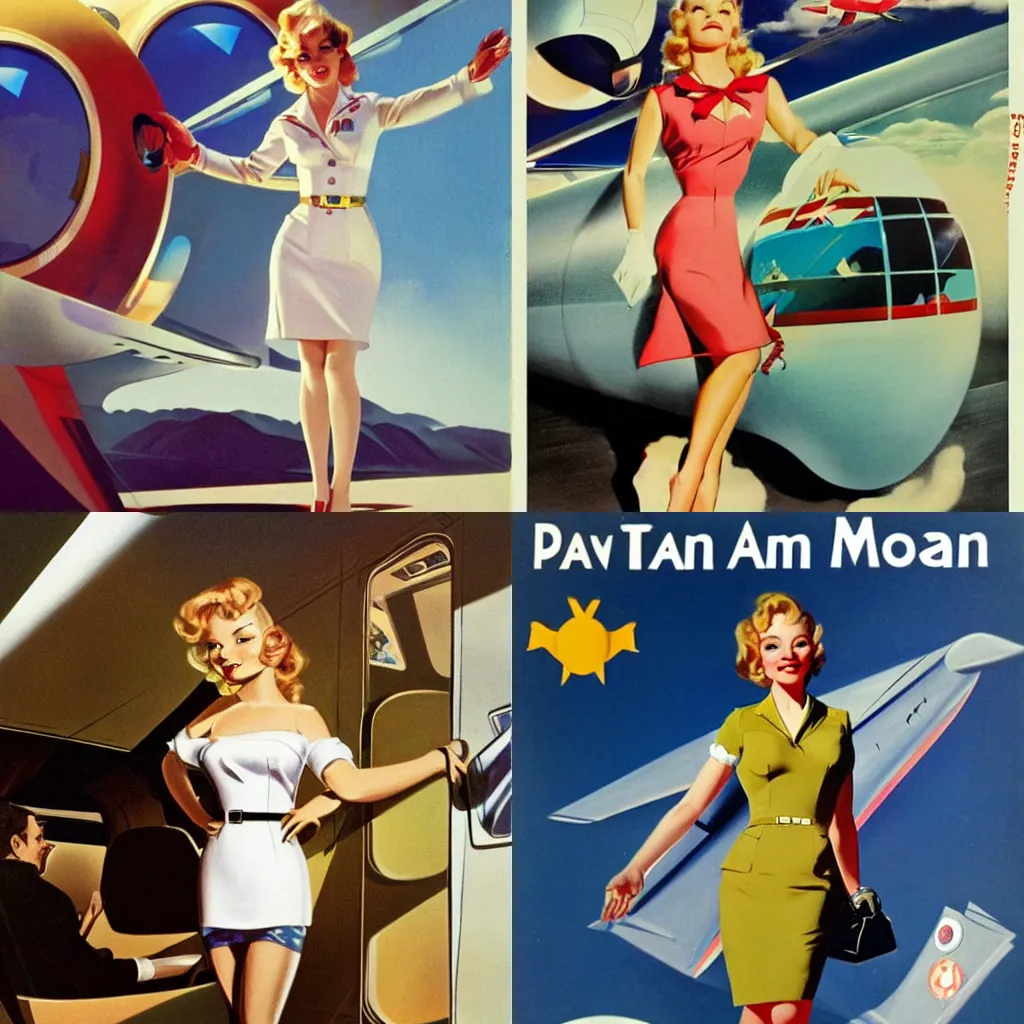 Prompt: Tuesday Weld as a stewardess on Pan Am flight to the Moon, concept art by Gil Elvgren and Syd Mead