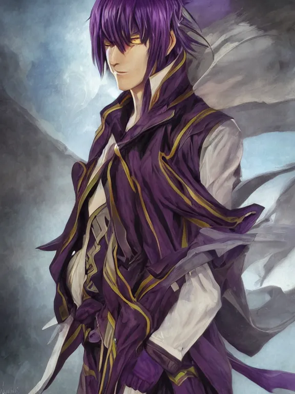 Prompt: manly eccentric lelouch lamperouge, purple eyes, hyper detailed, digital art, trending in artstation, cinematic lighting, studio quality, smooth render, unreal engine 5 rendered, octane rendered, concept art, smooth, sharp focus, illustration, art by artgerm and greg rutkowski and alphonse mucha and ian sprigger and wlop