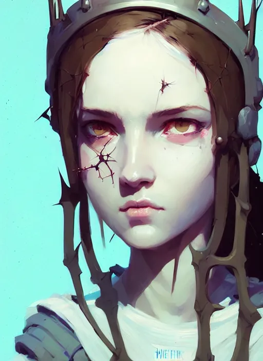 Prompt: portrait of cute gith maiden girl with crown of thorns and white short hairs, warhammer, cyberpunk, by atey ghailan, by greg rutkowski, by greg tocchini, by james gilleard, by joe gb fenton, by kaethe butcher, dynamic lighting, gradient light blue, brown, blonde cream and white color in scheme, grunge aesthetic