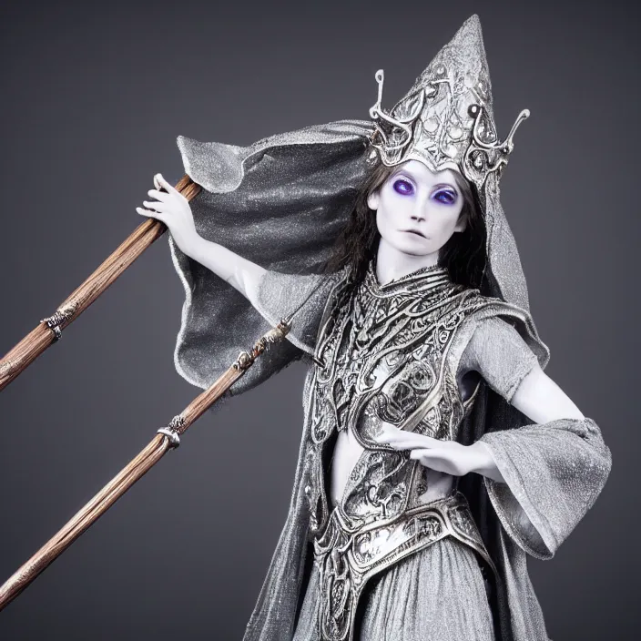 Image similar to photograph of a real-life beautiful lunar witch with intricate silver robes and staff. Extremely detailed. 8k