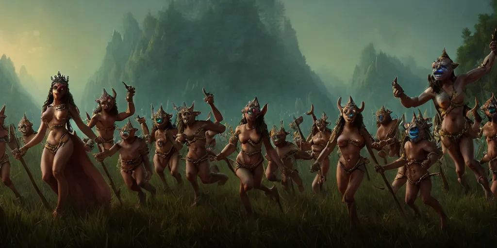 Prompt: painting of beautiful goddess leading an army of goblins, hyper - realistic, unreal engine, octane render, digital art, trending on artstation, 8 k, detailed, atmospheric, immaculate