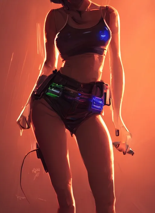 Image similar to a beautiful girl posing on the floor, wearing shorts with suspenders, cyberpunk, dramatic lighting, high detail, concept art, artstation, by Paolo Eleuteri Serpieri